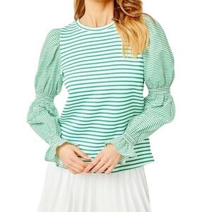 Addison Bay Stripe Long-sleeve Crewneck Pull-on Top(Size Medium)